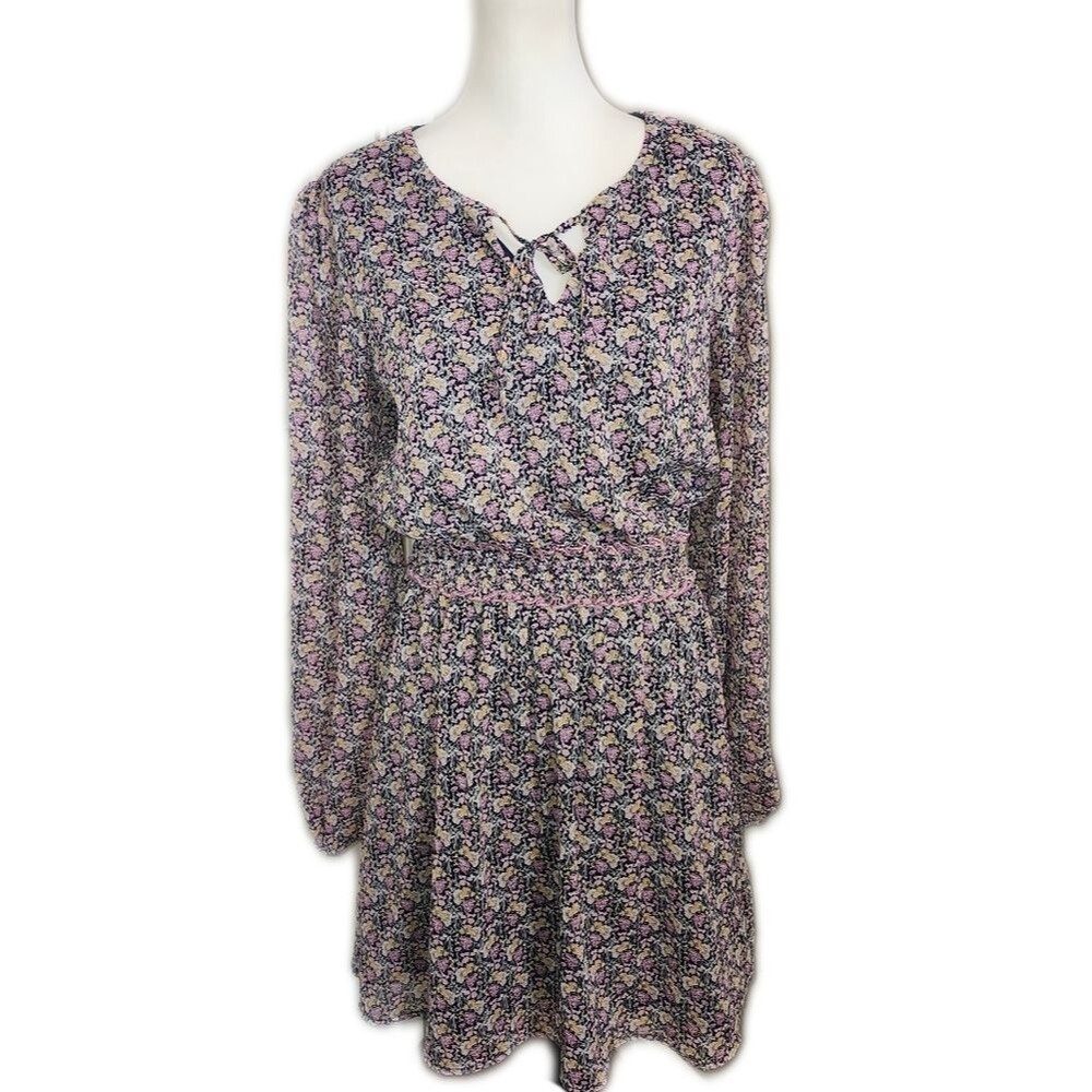 Sadie & Sage Floral Mini Dress, Elastic Waistband, Tie V-neck, Lined, L